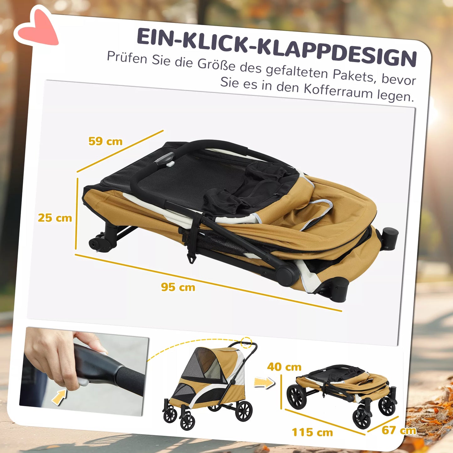 Šunų vežimėlis, sulankstomas šunų vežimėlis dideliems šunims, keturratis naminių gyvūnų vežimėlis, saugos dirželiai, stabdžiai, rudos spalvos