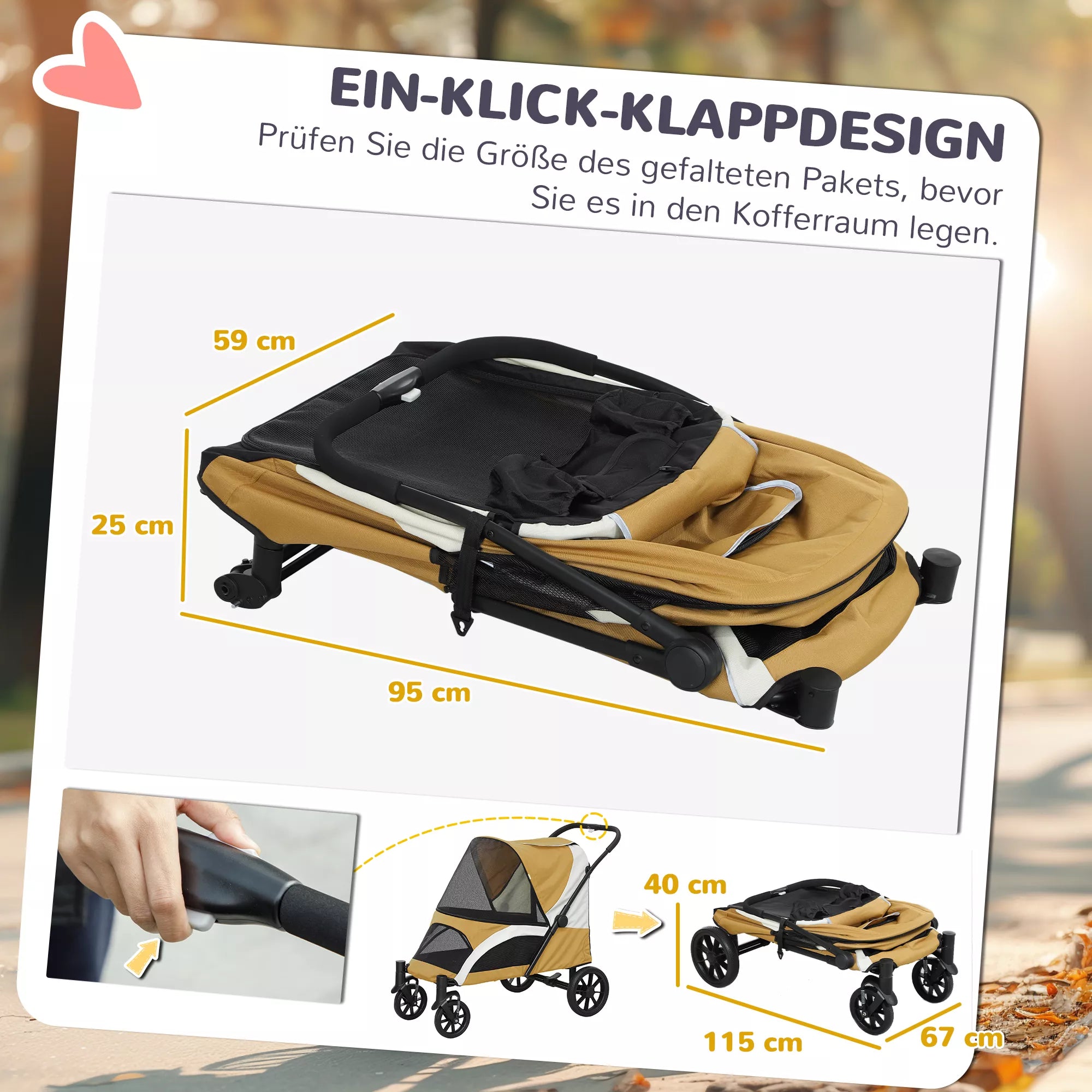 Šunų vežimėlis, sulankstomas šunų vežimėlis dideliems šunims, keturratis naminių gyvūnų vežimėlis, saugos dirželiai, stabdžiai, rudos spalvos