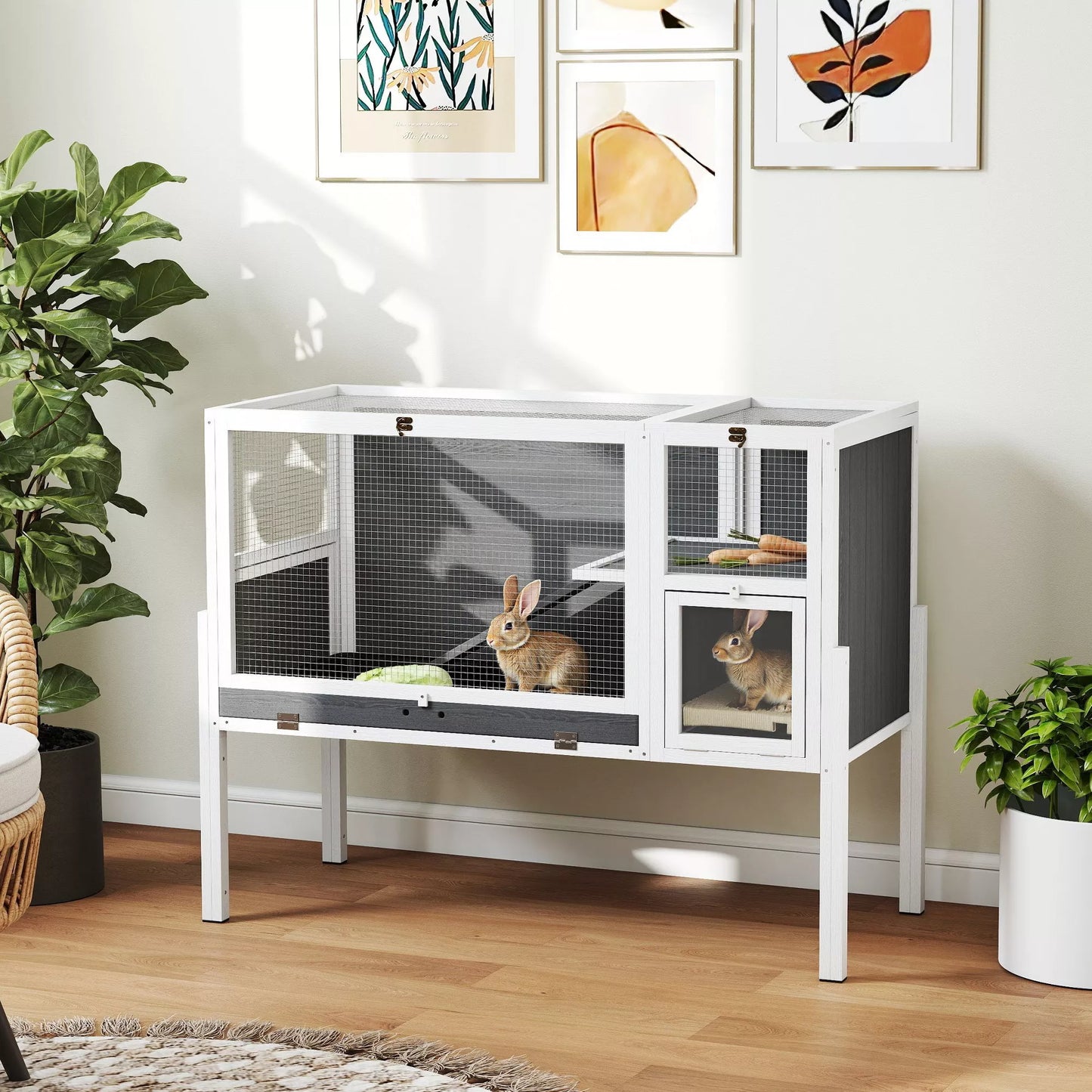 Mažų gyvūnų narvas nykštukiniams žiurkėnams, triušiams, jūrų kiaulėms, su priedais, pakeltas dizainas, medis, metalas, pilkos spalvos