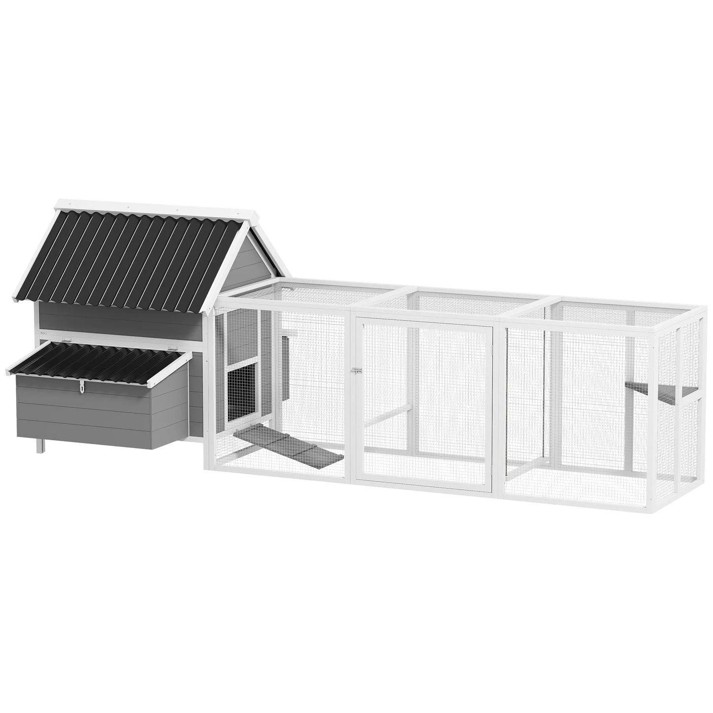 Didelis vištidė 7–10 vištoms, sėdynės, sūpynės, langai, lizdai, vielos tinklas, pilkos spalvos