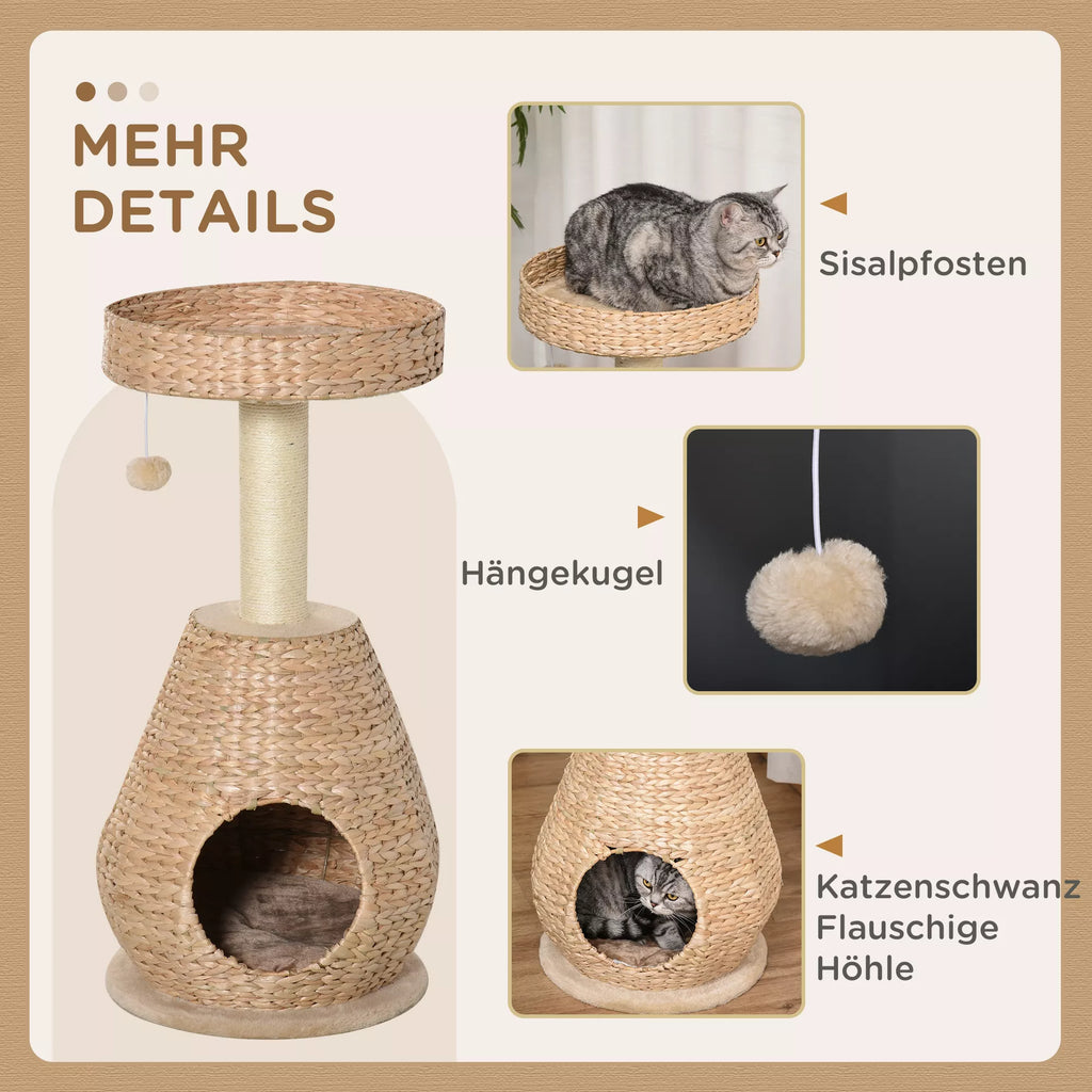 Kaķu koks, kaķu skrāpēšanas stabs, mēbele ar kaķu alu, bumbiņu rotaļlieta, sizala audums, mīksts plīšs, augstums 82,5 cm, dzeltens