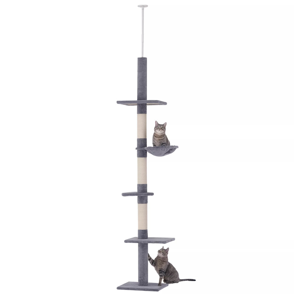 Kačių namelis iki lubų, reguliuojamo aukščio, stabilus kačių medis su sizalio stulpais, kačių laipiojimo medis, pilkos spalvos, 40 x 34 x 230-260 cm