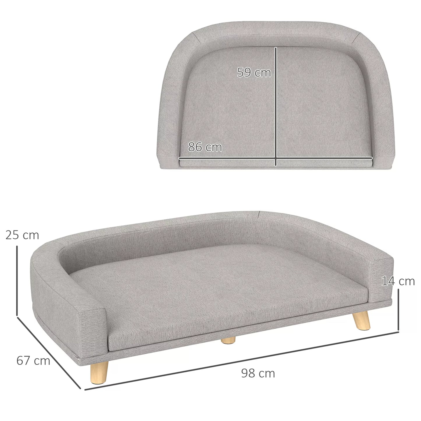 Šunų sofa dideliems šunims iki 30 kg, paminkštinta, su pušies medienos kojelėmis, 98 x 67 x 25 cm, pilka