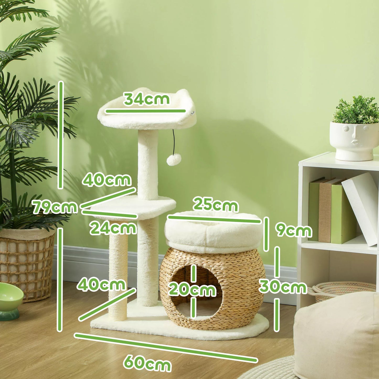 Draskyklė katėms su nameliu, guoliu, žaidimų kamuoliuku ir platforma, 79 cm, kreminė balta