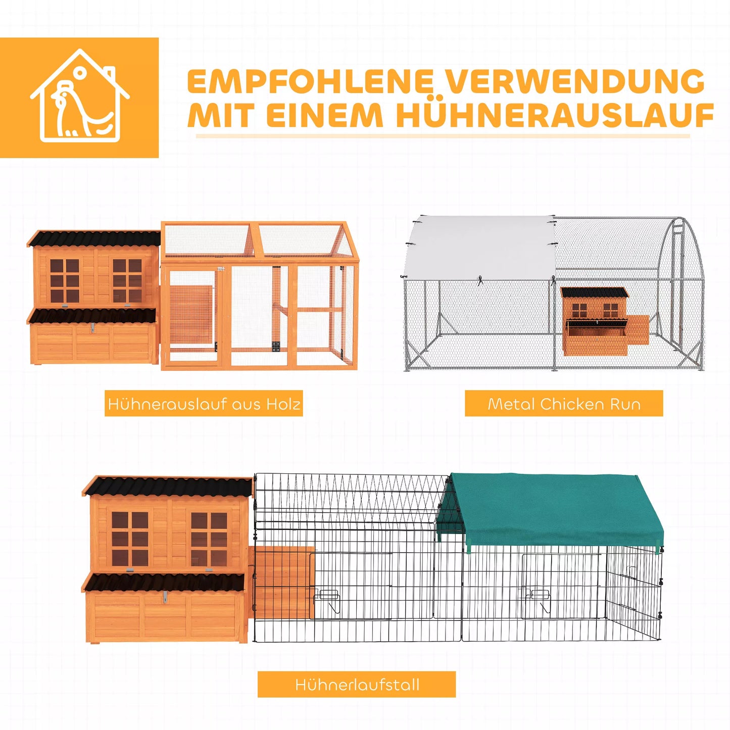 Vištidė 4–6 vištoms su perėjimo dėže, lauko namelis paukščiams su vandeniui atspariu stogu, kėnio mediena 100x86x100 cm, oranžinė
