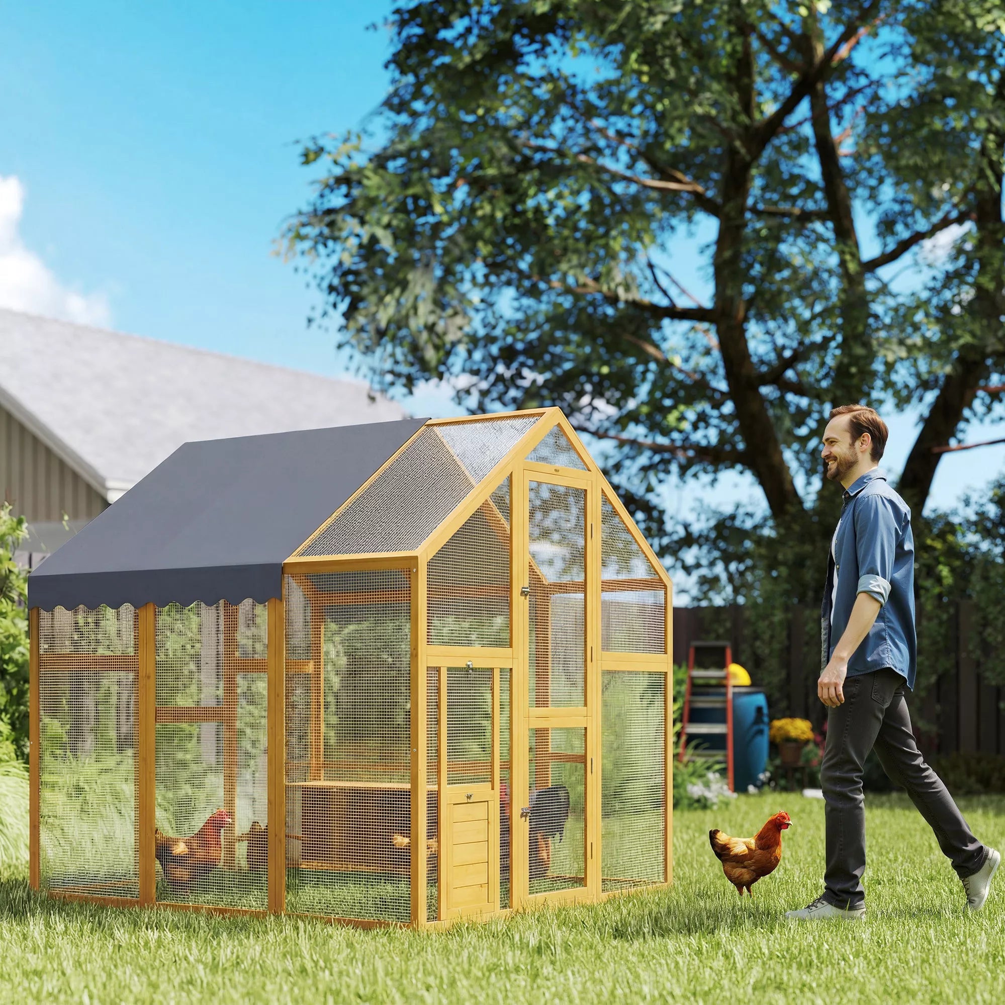 Vištidė 3,07 m² Laisvai vaikščiojanti aptvaras iš medžio su neperšlampamu audiniu, saugumo spyna, 6–8 vištoms 1,7 x 1,8 x 1,8 m