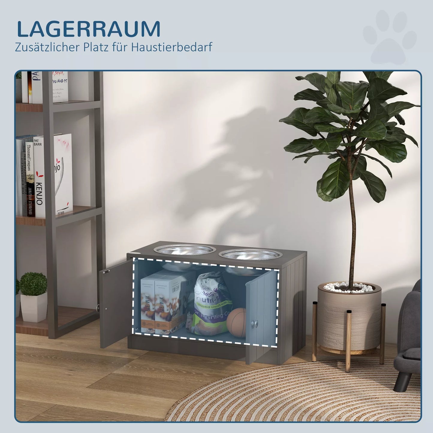 Paaukštinta šėrykla su 2 nerūdijančio plieno dubenėliais ir 44 L laikymo vieta, magnetinės durelės, dideliems šunims, pilka