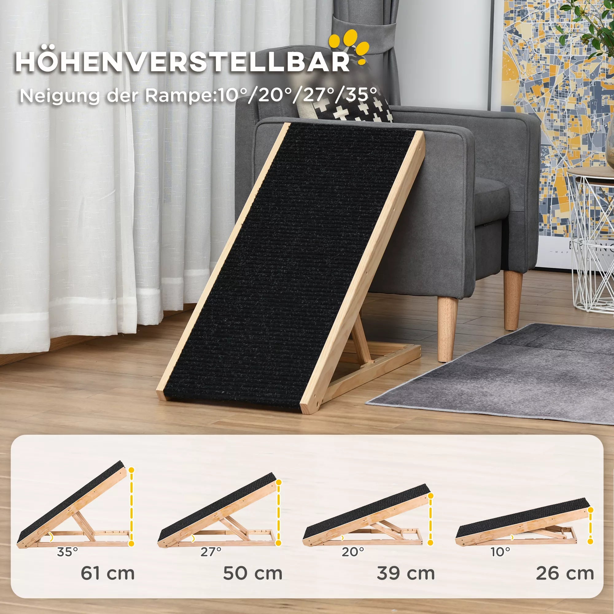 Regulējama suņu rampa ar neslīdošu paklājiņu lieliem suņiem. Materiāls: priedes koks, poliesters. Krāsa: melna + dabīgs koks. Izmēri: 90 cm garums x 40 cm platums x 61 cm augstums.