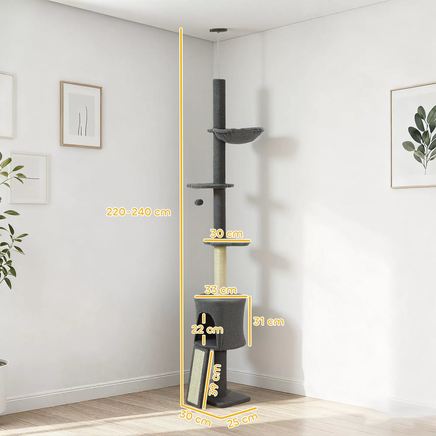 Kačių medis, urvas, hamakas, reguliuojamo aukščio, draskyklė su audinio danga, pilkas