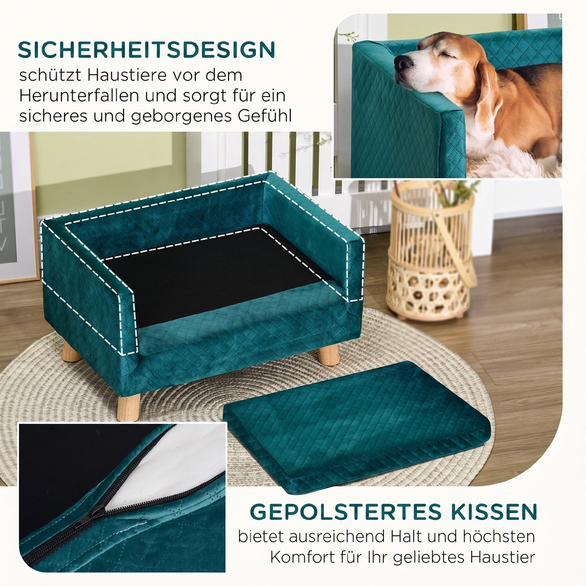 Sofa šunims ir katėms su atlošu ir pagalvėle, aksominė, medinėmis kojelėmis, iki 8 kg, 64x45x36 cm, mėlyna
