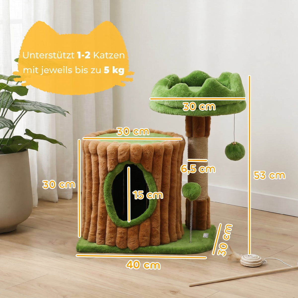 Draskyklė 53 cm medžio formos su nameliu, guoliu ir 2 kamuoliukais, 1–2 katėms iki 5 kg, ruda su žalia