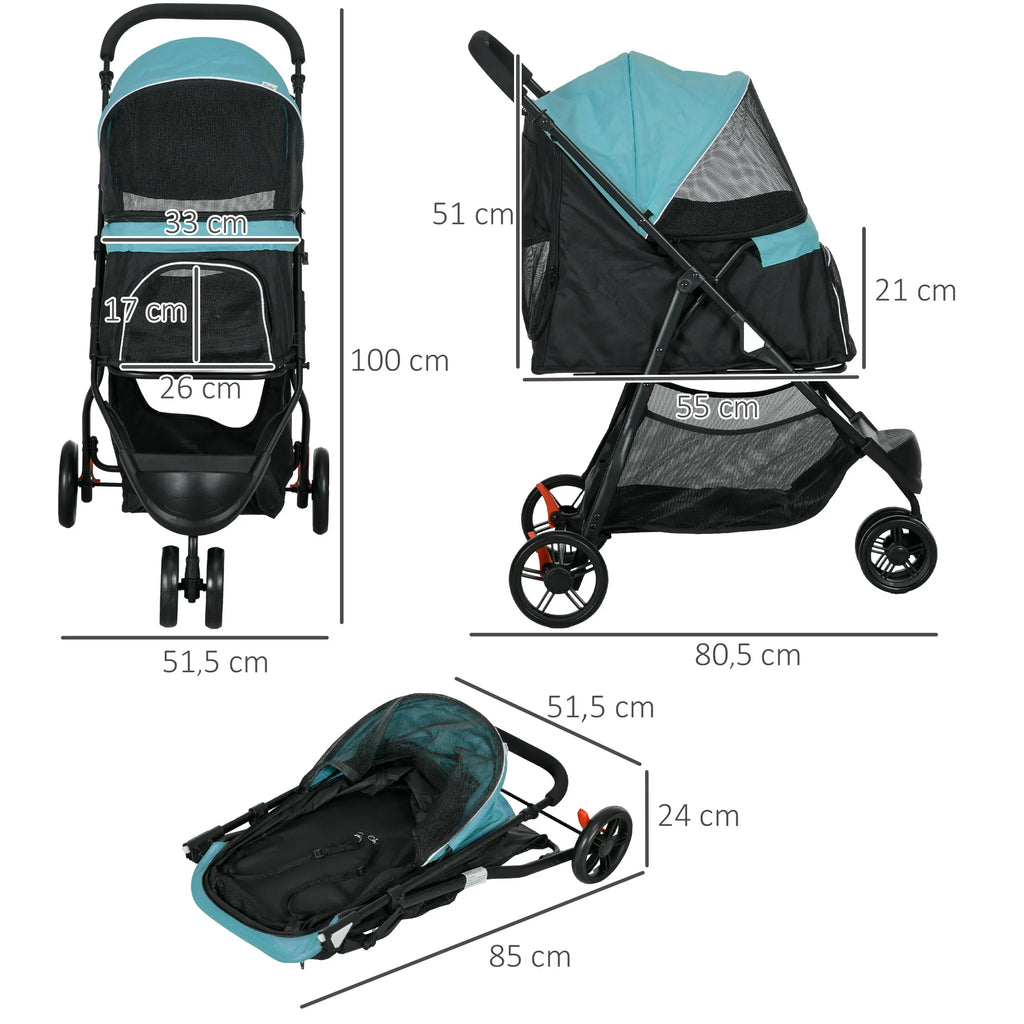 Vežimėlis augintiniams iki 10kg, sulankstomas, su saugos diržu, rankena, apsauga nuo lietaus, laikymo krepšiu. Mėlynas + Juodas