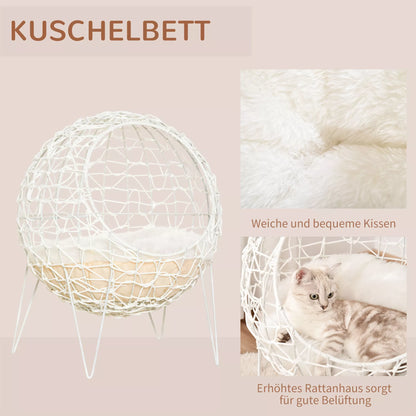 PawHut rotanga kaķu gulta/māja ar spilvenu, paaugstināts dizains, mājdzīvnieku gulta, krēmbalta, Ø45 x 57A cm