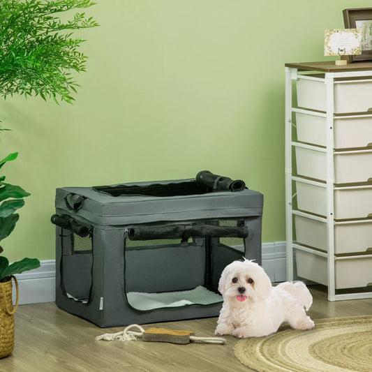Transportavimo dėžė, sulankstoma, 3 įėjimai, vidinis pagalvėlė, skirta šunims ir katėms iki 4 kg/40 cm, pilka