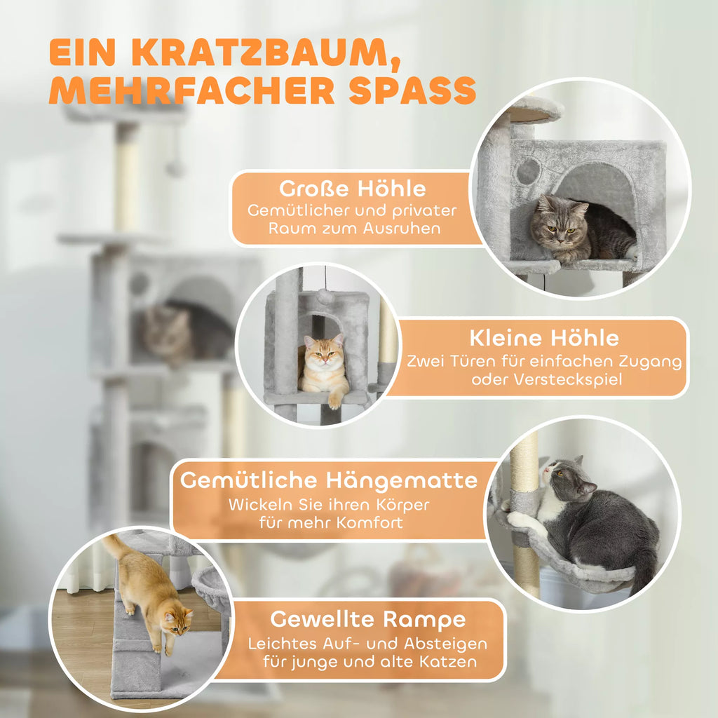 160 cm Kačių draskykla, kelios pakopos, sizaliniai draskymo stulpeliai, urveliai, pliušinės platformos, hamakas, laipteliai, žaisliniai kamuoliukai