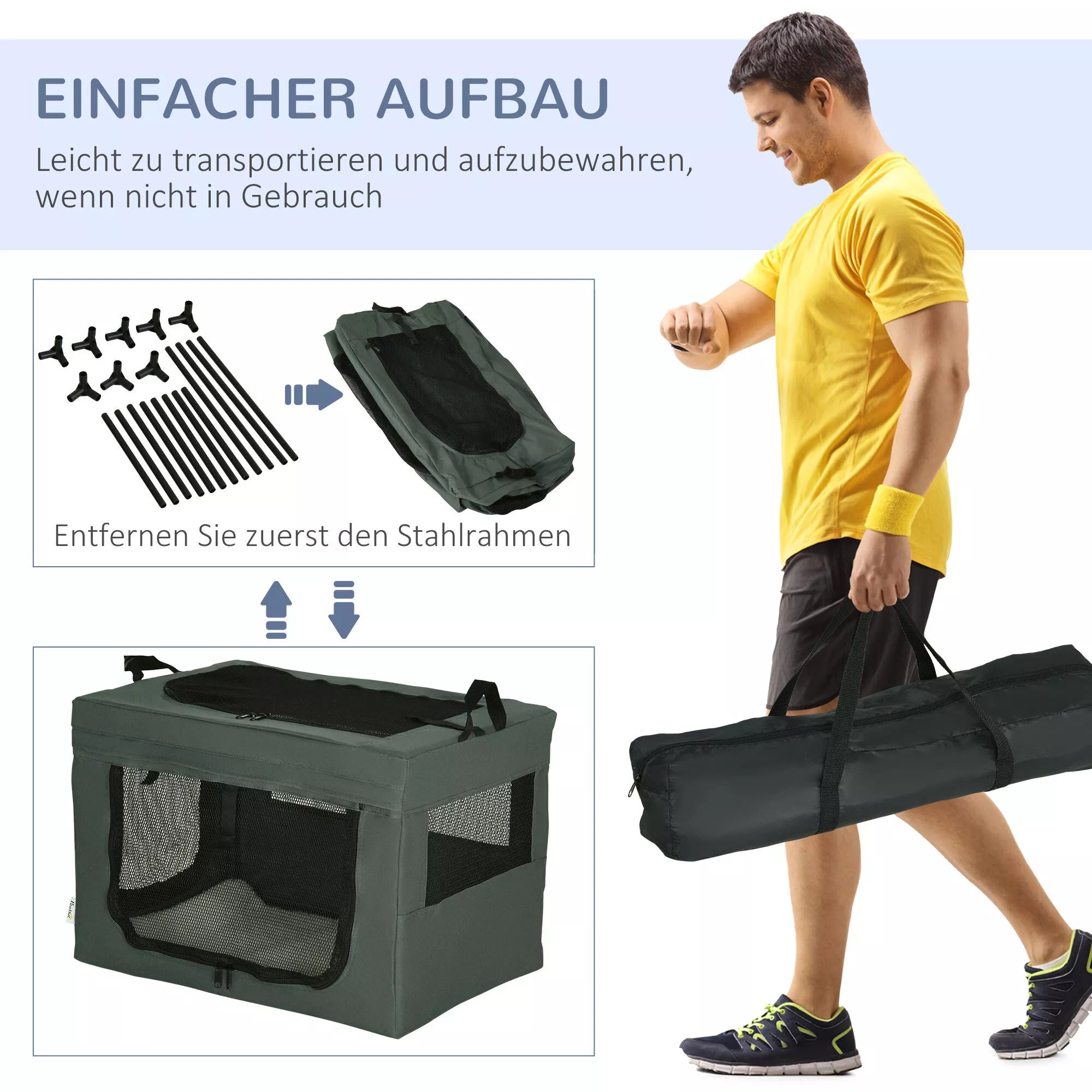Transportavimo dėžė, sulankstoma, 3 įėjimai, vidinis pagalvėlė, skirta šunims ir katėms iki 4 kg/40 cm, pilka