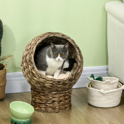 Rattan cat basket, cave, house, bed with cushion, pet bed, water hyacinth, coffee, 40 x 37 x 51 cm