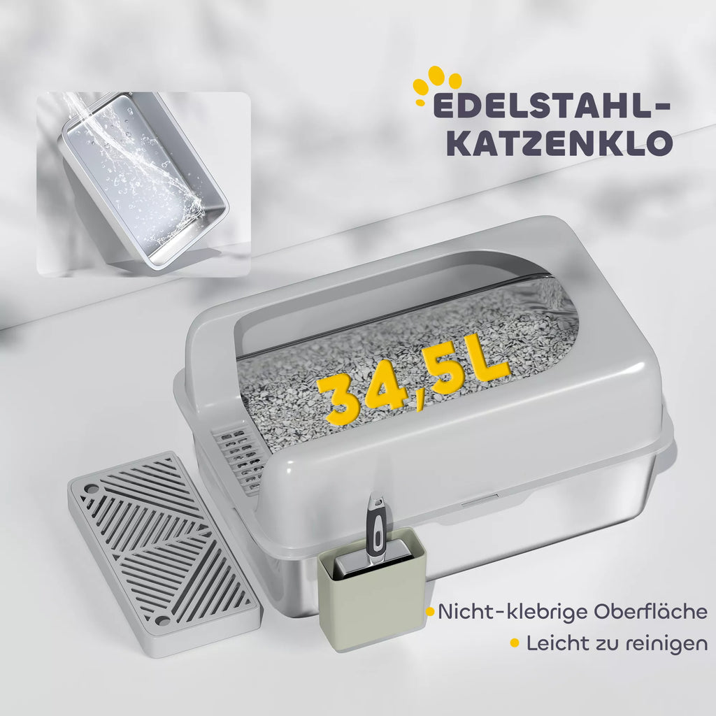 Katės tualetas, nerūdijančio plieno, aukštos sienelės, laikymo dėžutė, šviesiai pilkas