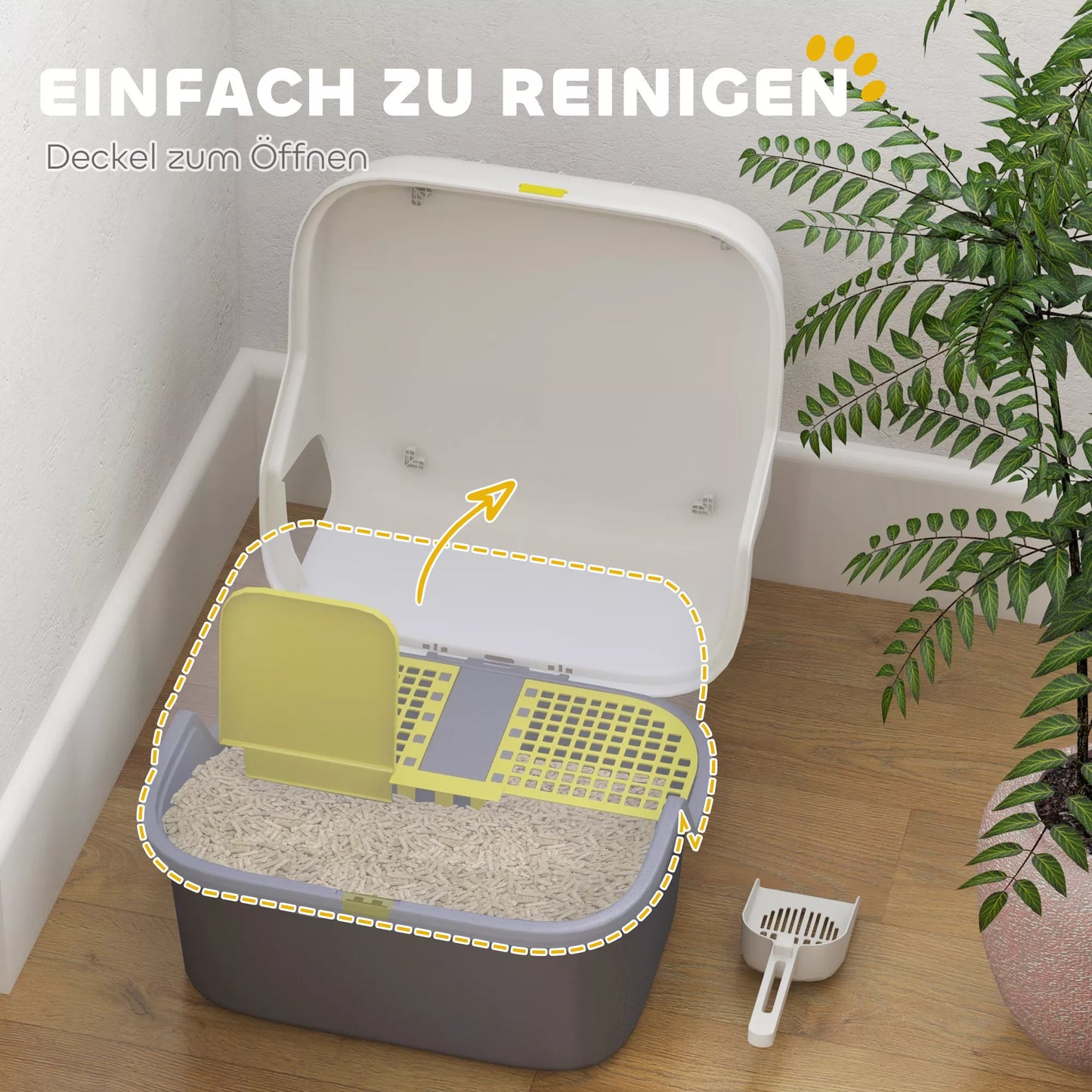 Katės tualetas, katino dėžutė su dangčiu ir kastuvėliu, lengvai valomas, uždaromas, balta