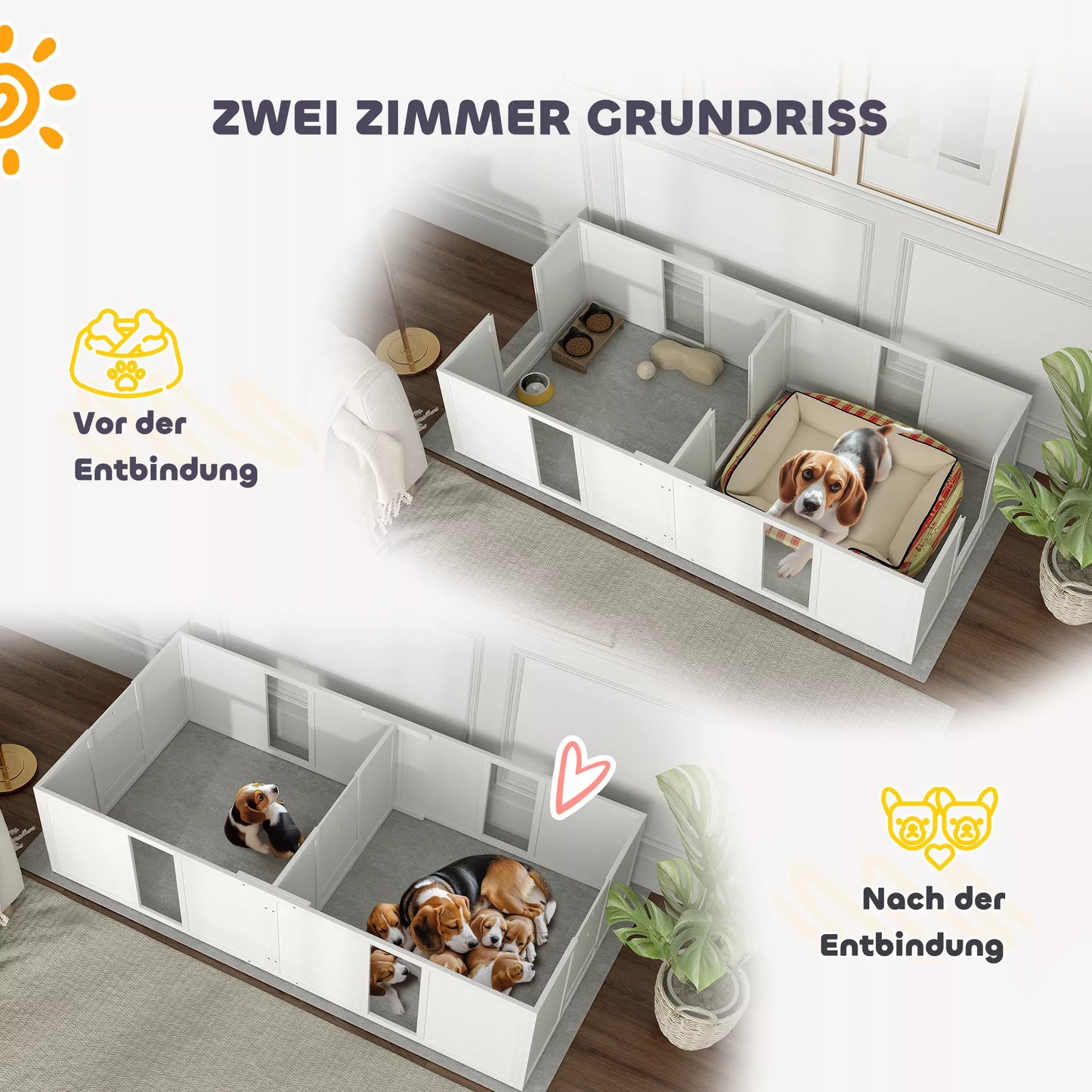 PawHut vaislas būris kucēniem, sadalīts 2 nodalījumos, ar akrila logu, 196 x 96 x 48 cm, balts