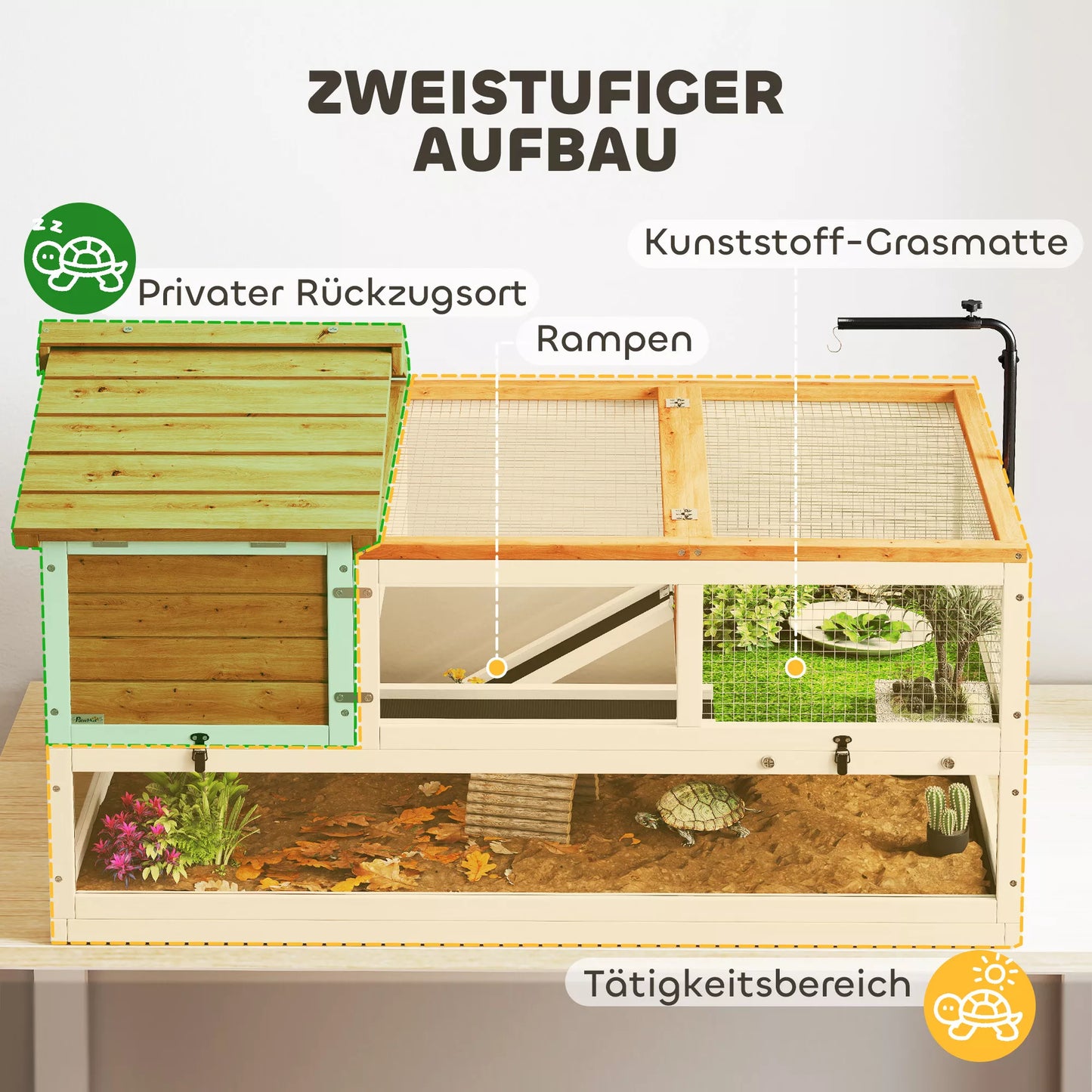 Vėžlių namelis, 2 aukštų aptvaras, lempų laikiklis, mažų gyvūnų narvelis, oranžinis