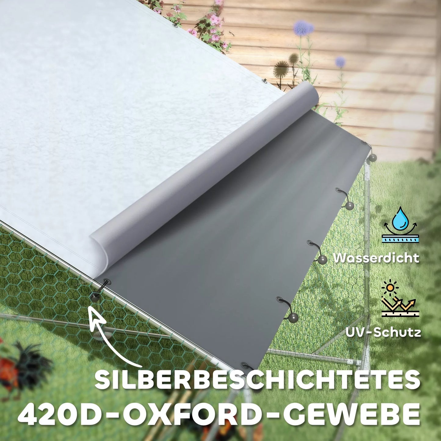 Vištidė, lauko aptvaras vištoms, su UV atsparia danga, plieniniu tinkleliu, lesyklėlė, 18-24 vištoms