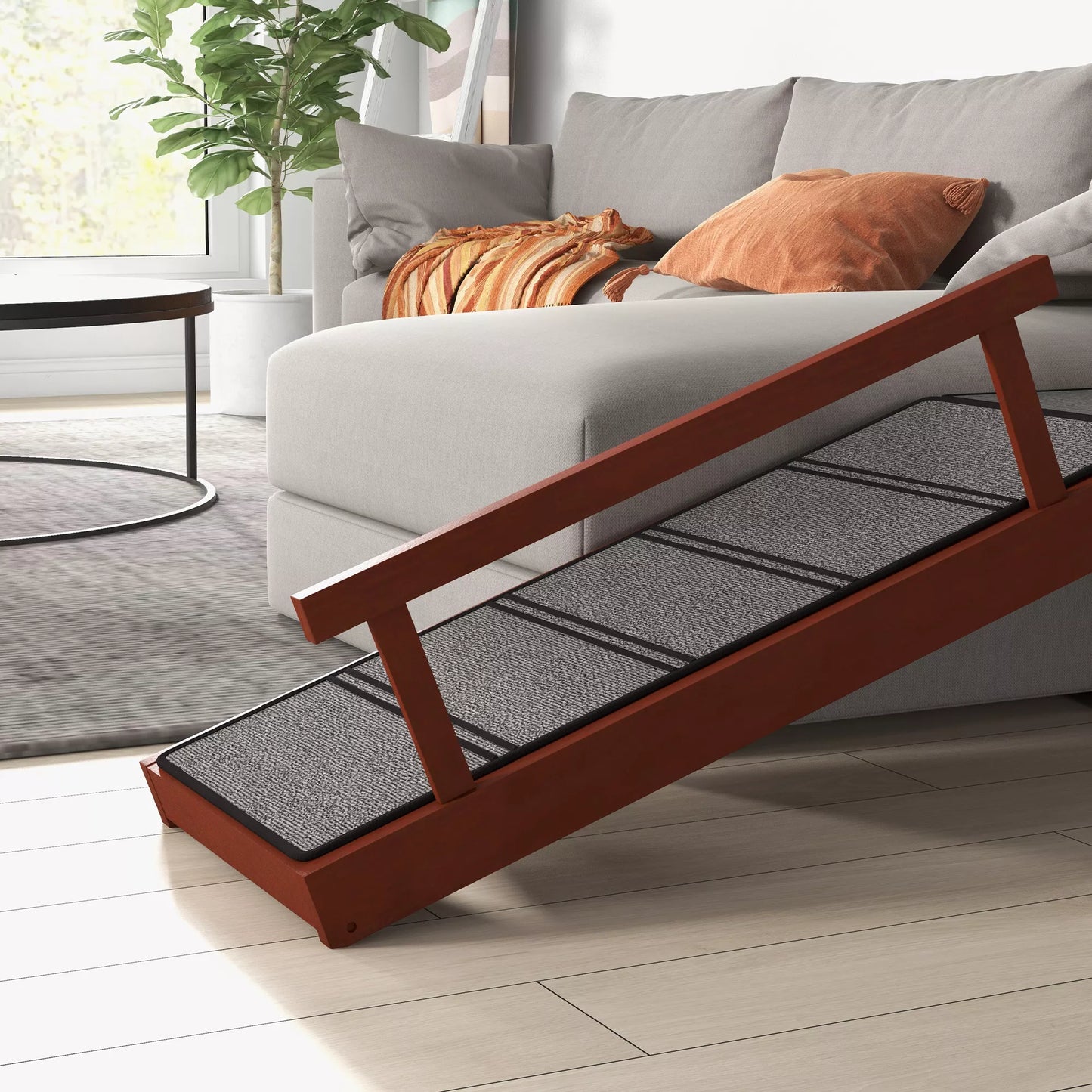 Šunų rampa, nuimami turėklai, neslidūs, mediniai, iki 30 kg, 125x40x56 cm, rudi/pilki