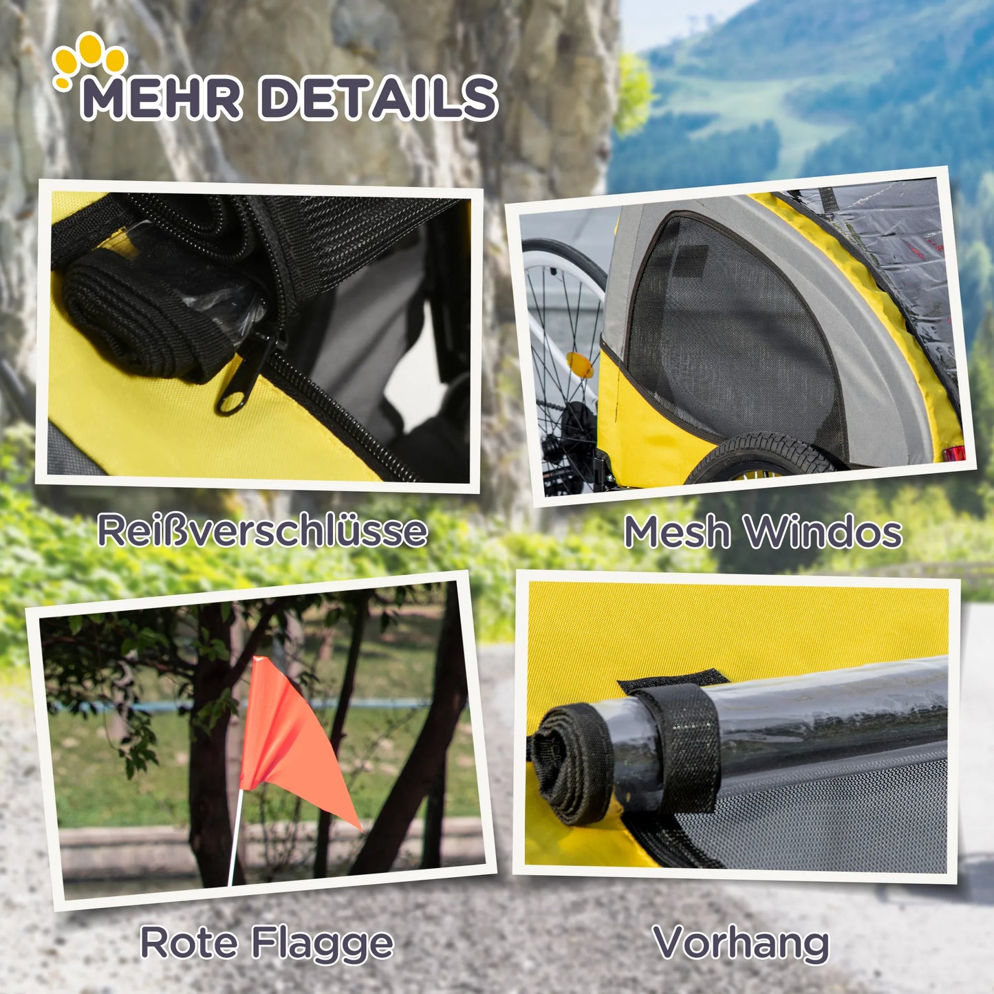 Suņu piekabe līdz 20 kg, sieta logs, salokāms pārsegs, universāls savienojums, tērauda rāmis, dzeltena 140 x 71 x 83 cm