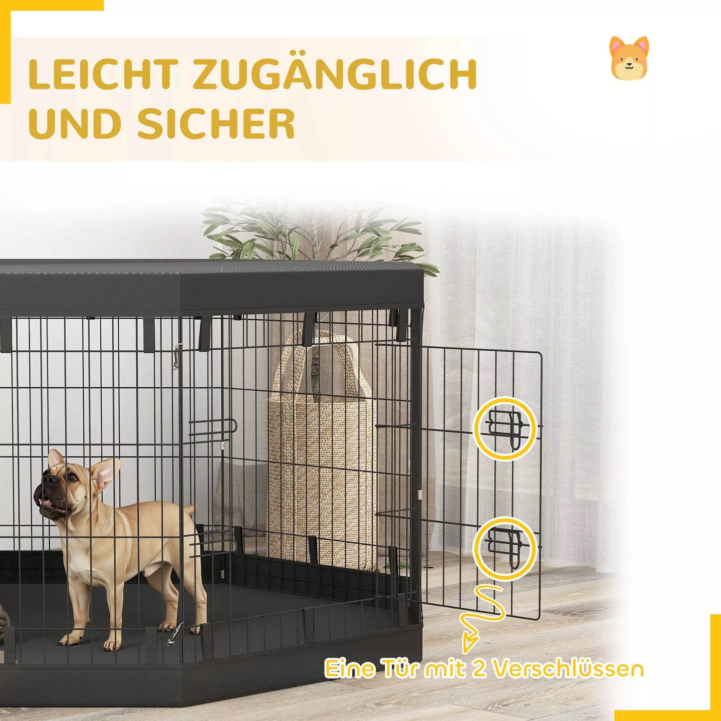 Šuniukų aptvaras, 76 cm aukščio / ~2,5 m², 8 paneliai, grindų danga, kombinuotas stogelis