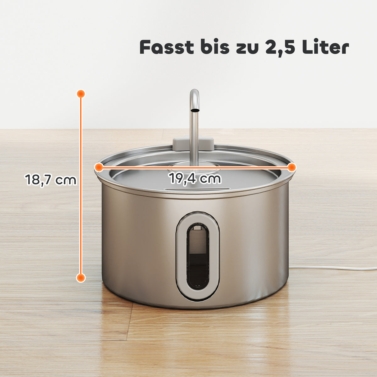 Gertuvė-fontanėlis katėms 2,5 l, nerūdijančio plieno, su tylia pompa, filtru ir LED, 19,4x19,4x18,7 cm, sidabrinė
