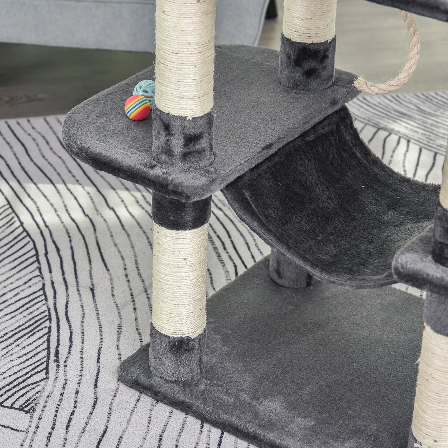 Prabangus katės medis su hamaku ir nameliu, tamsiai pilkas, 60 x 48 x 144 cm