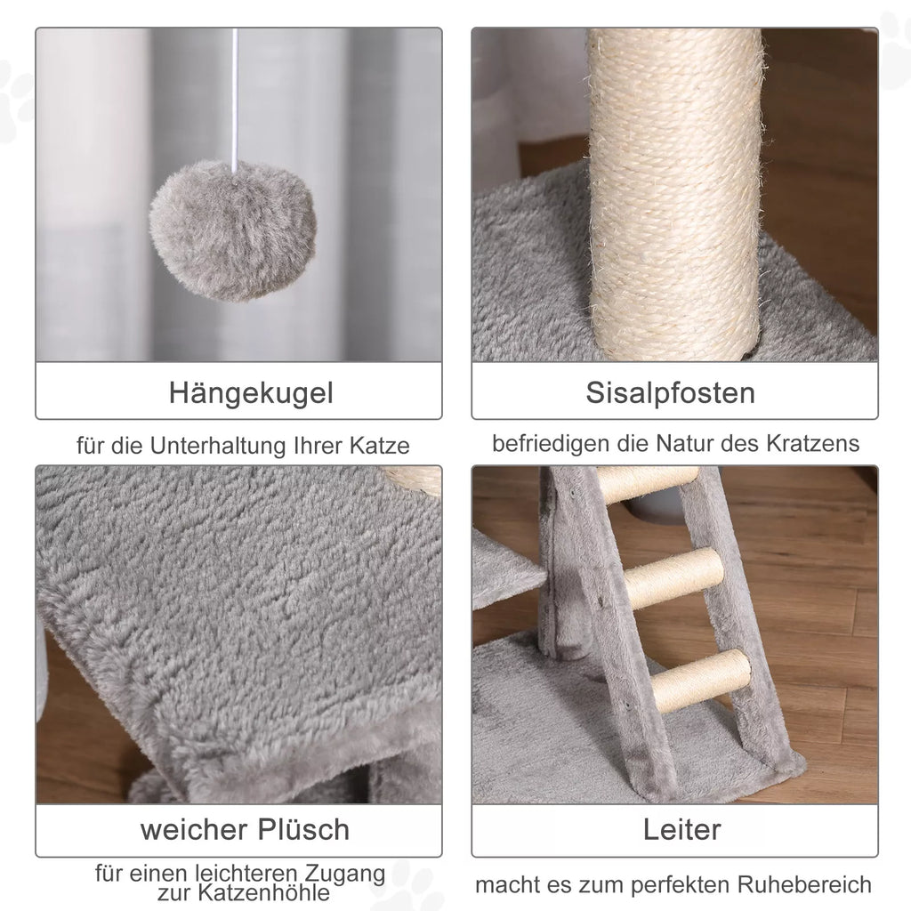 Kaķu koks 120 cm, kaķu tornis ar alu, rotaļu bumbu, sizala stabiem, platformu, pakāpieniem, daudzlīmeņu kaķu skrāpējamo stabu, kāpšanas koks kaķiem, gaiši pelēks