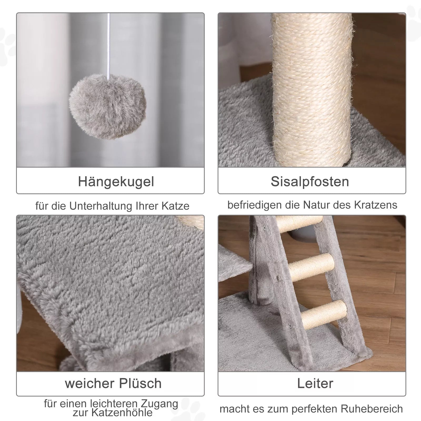 Kaķu koks 120 cm, kaķu tornis ar alu, rotaļu bumbu, sizala stabiem, platformu, pakāpieniem, daudzlīmeņu kaķu skrāpējamo stabu, kāpšanas koks kaķiem, gaiši pelēks
