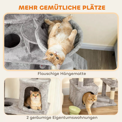 Kačių draskyklė, 170 cm, su tuneliu, nišomis, didele baze, sizaliniais stulpais, šviesiai pilka