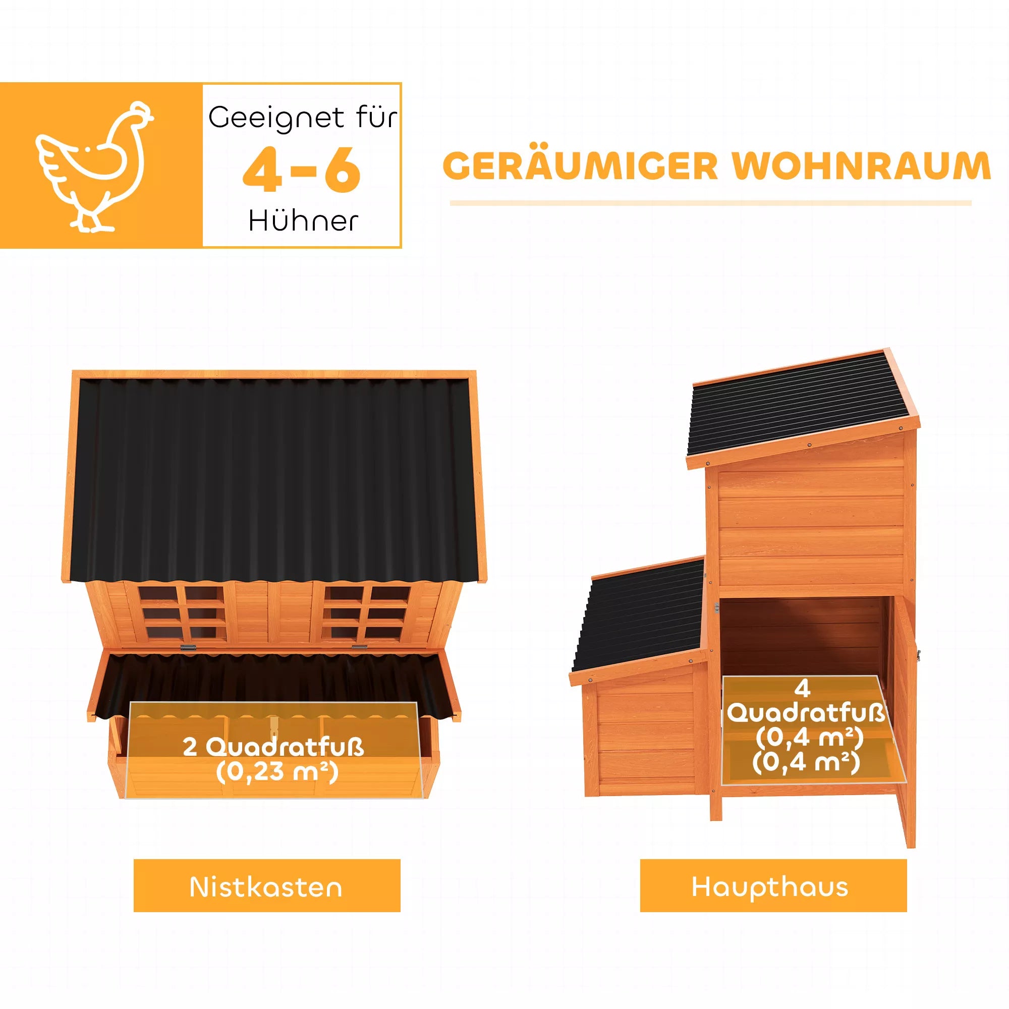 Vištidė 4–6 vištoms su perėjimo dėže, lauko namelis paukščiams su vandeniui atspariu stogu, kėnio mediena 100x86x100 cm, oranžinė