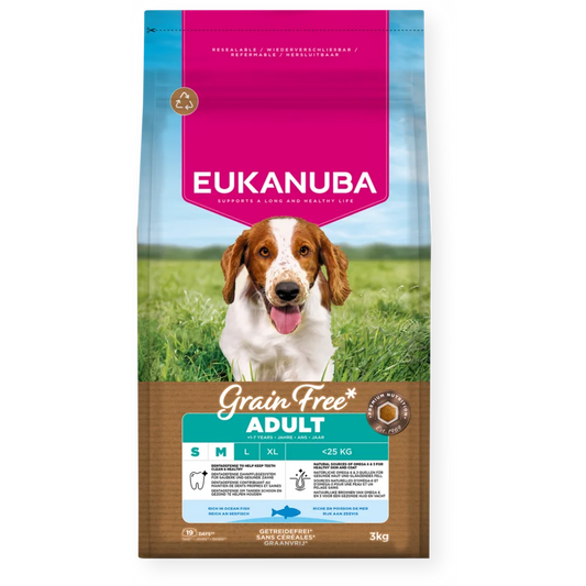 Eukanuba Grain Free sausas maistas mažų ir vidutinių veislių šunims su žuvimi, S/M, 3 kg