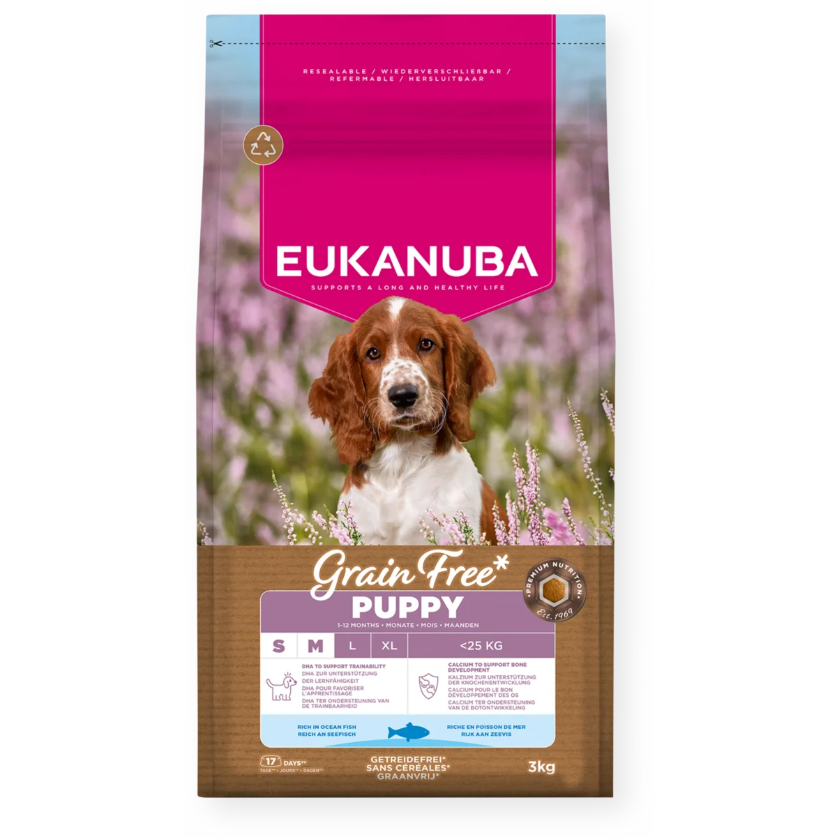 Eukanuba Grain Free sausas maistas mažų ir vidutinių veislių šuniukams su žuvimi, S/M, 3 kg