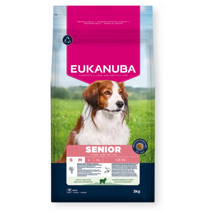 Eukanuba Life Care Senior sausas maistas mažų ir vidutinių veislių senyviems šunims su ėriena ir ryžiais, S/M 3 kg