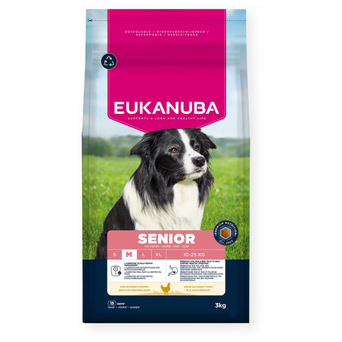 Eukanuba Life Care Senior sausas maistas vidutinių veislių vyresnio amžiaus šunims su vištiena, M, 15 kg
