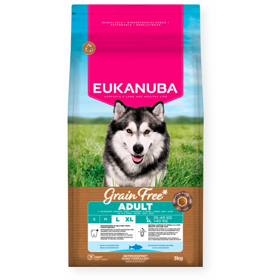 Eukanuba Grain Free sausas maistas didelių veislių šunims su žuvimi, L, 12 kg