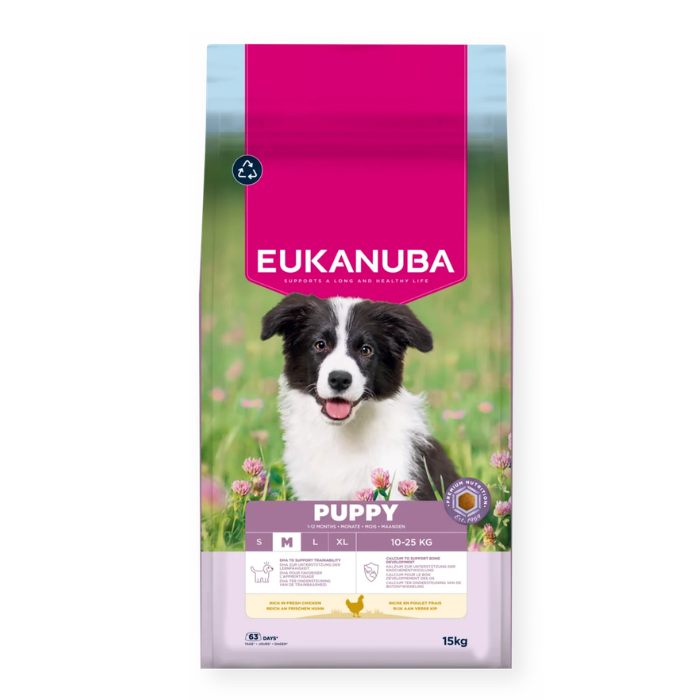 Eukanuba Life Care Puppy sausas maistas vidutinių veislių šuniukams su vištiena, M, 15 kg