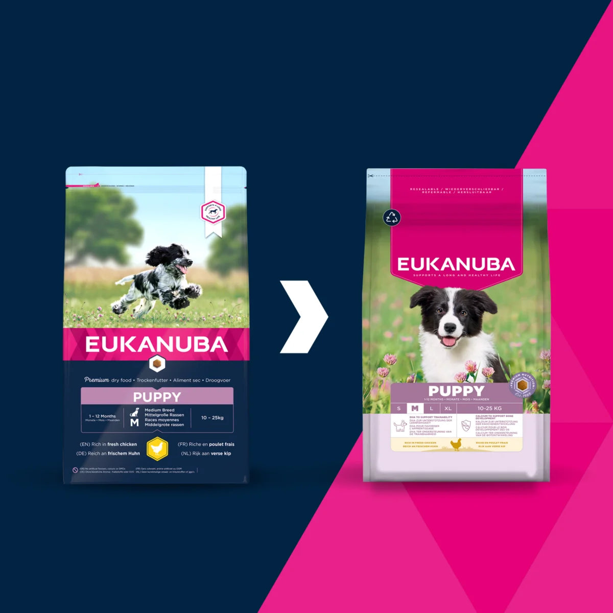 Eukanuba Life Care Puppy sausas maistas vidutinių veislių šuniukams su vištiena, M, 15 kg atsinaujinusi pakuotė