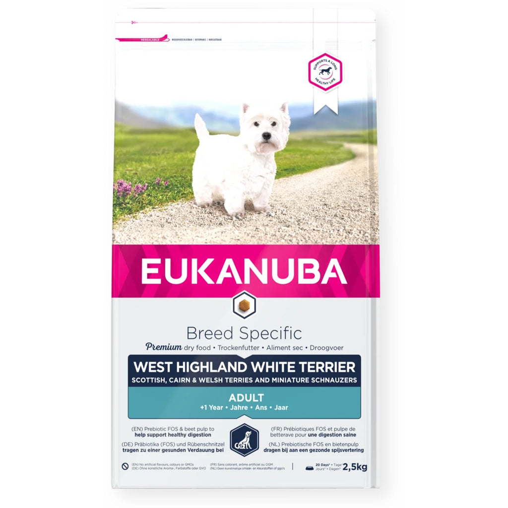 Eukanuba West Highland Terrier Adult pašaras šunims Vakarų Škotijos baltiesiems terjerams su vištiena 2,5kg
