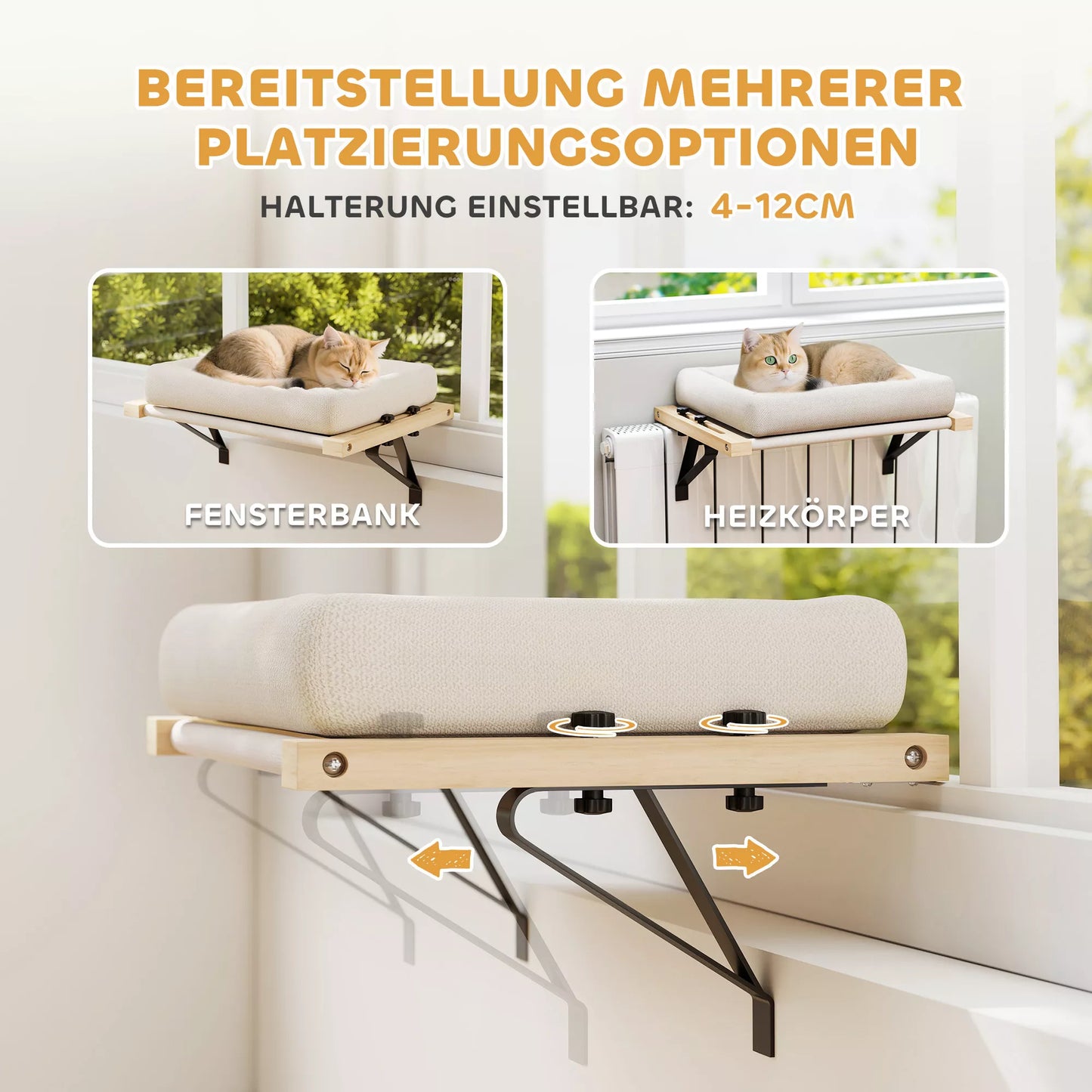 Kaķu mājiņa ar stiprinājumu uz palodzēm un radiatoriem, ar spilvenu, koka rāmis, balta