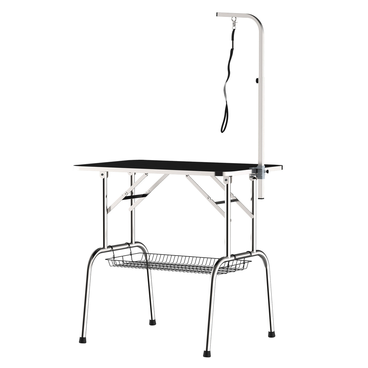 Kirpimo stalas šunims 90x60x75 cm, sulankstomas, su pasukamu laikikliu ir tinkline lentynėle, iki 150 kg, juodas