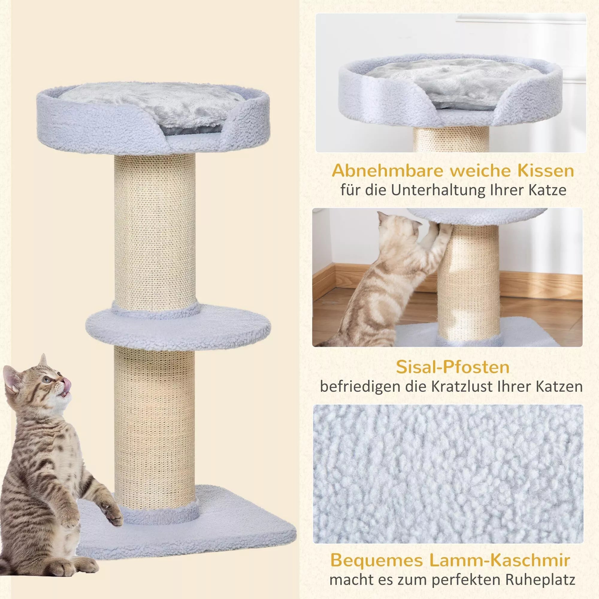 Kaķu tornis 91 cm, kaķu tornis ar sizala stabiem, platformu, spilveniem, daudzstāvu kaķu skrāpējamais koks, kāpšanas koks, vidēja lieluma kaķiem, gaiši zils