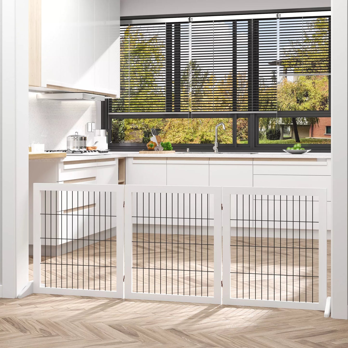 Apsauginis barjeras šunims su atraminėmis kojelėmis, laiptų varteliai, šunų apsaugos varteliai durims, židiniui ir krosnelei, pušies mediena, baltas, 185 x 36 x 71 cm