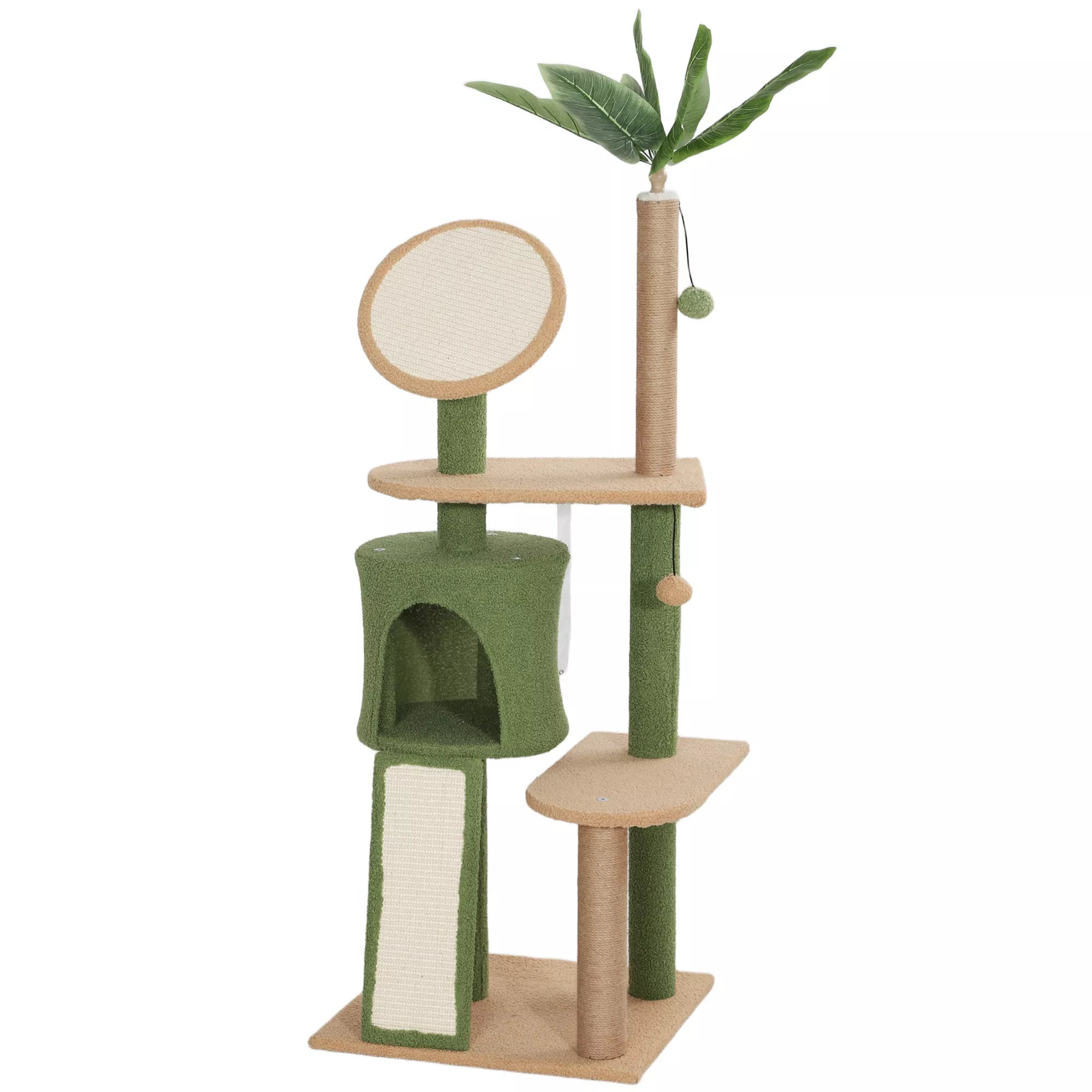 Aukšta kačių draskyklė-medis su nameliu ir platformomis, 139 cm (žalia)