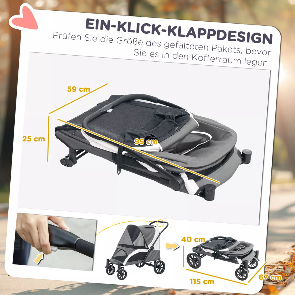 Suņu ratiņi, salokāmi ratiņi lieliem suņiem, 4 riteņu mājdzīvnieku ratiņi, drošības siksnas, bremzes, tumši pelēki