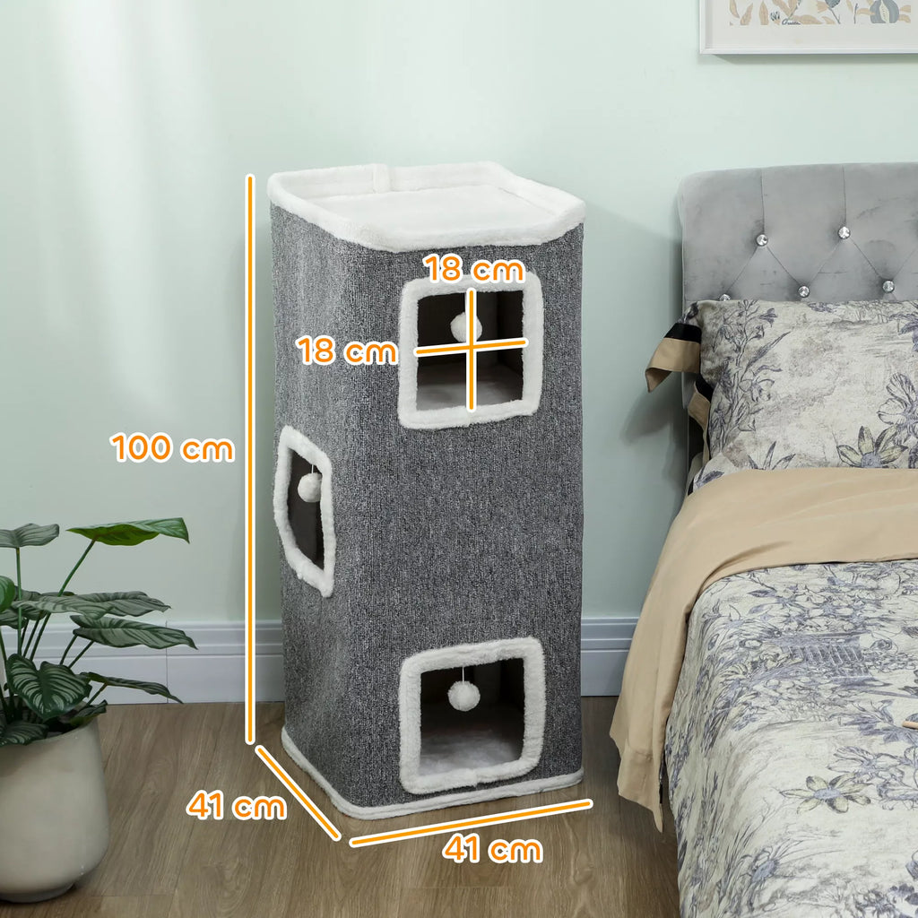 4 pakopų katės bokštas, draskyklė su 3 guoliavietėmis, medžio drožlių plokštė, žaisliniai kamuoliukai, pilka